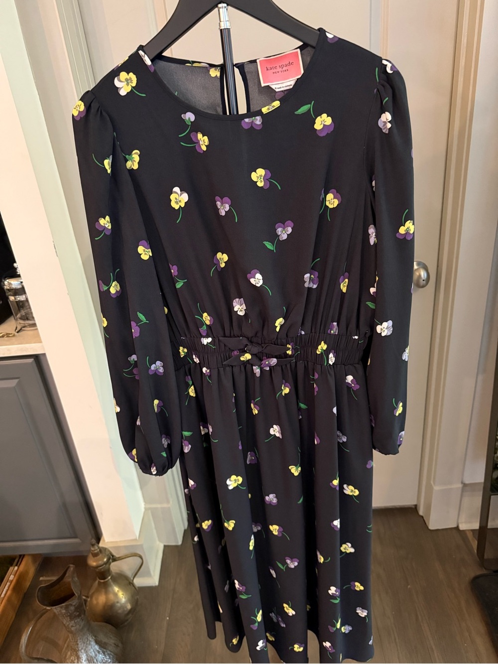 kate spade Black Floral Long Sleeve Midi Dress with Yellow & Purple Pansies
